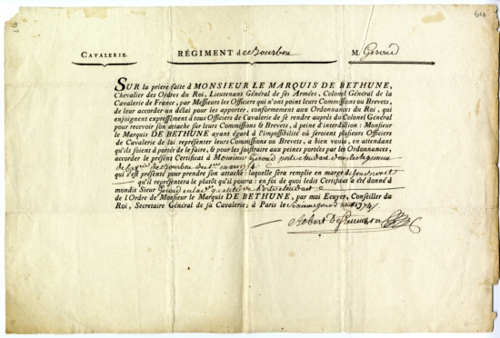 Présentation de brevets d'officiers du Bourbon Cavalerie en 1774